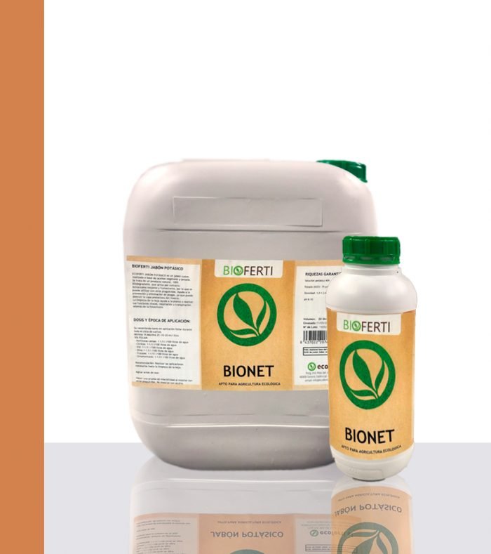 BIOFERTI BIONET es un líquido espeso y jabonoso elaborado a base de sales potásicas, obtenido por saponificación de ácidos grasos de origen vegetal. producto fabricado por ECOFERTI, BioFertilizantes y Plaguicidas Ecológicos